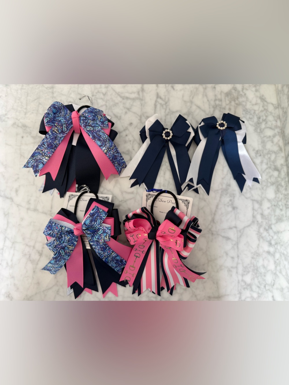 NWT Kids Pink & Navy Equestrian Show Hair Bows - Set of 4 pairs